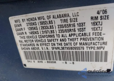 2006 Honda Odyssey Ex-L from USA, damaged, VIN 5FNRL387X6B095579